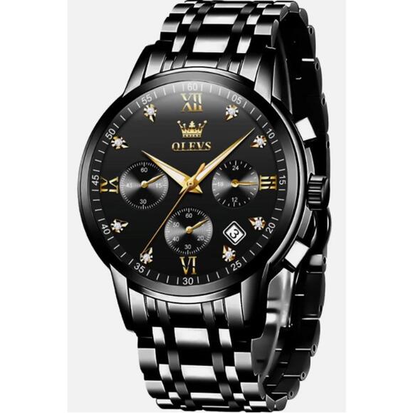 OLEVS Men's Black Stainless Steel Watch with Chronograph and Date Display - Picture 1 of 2